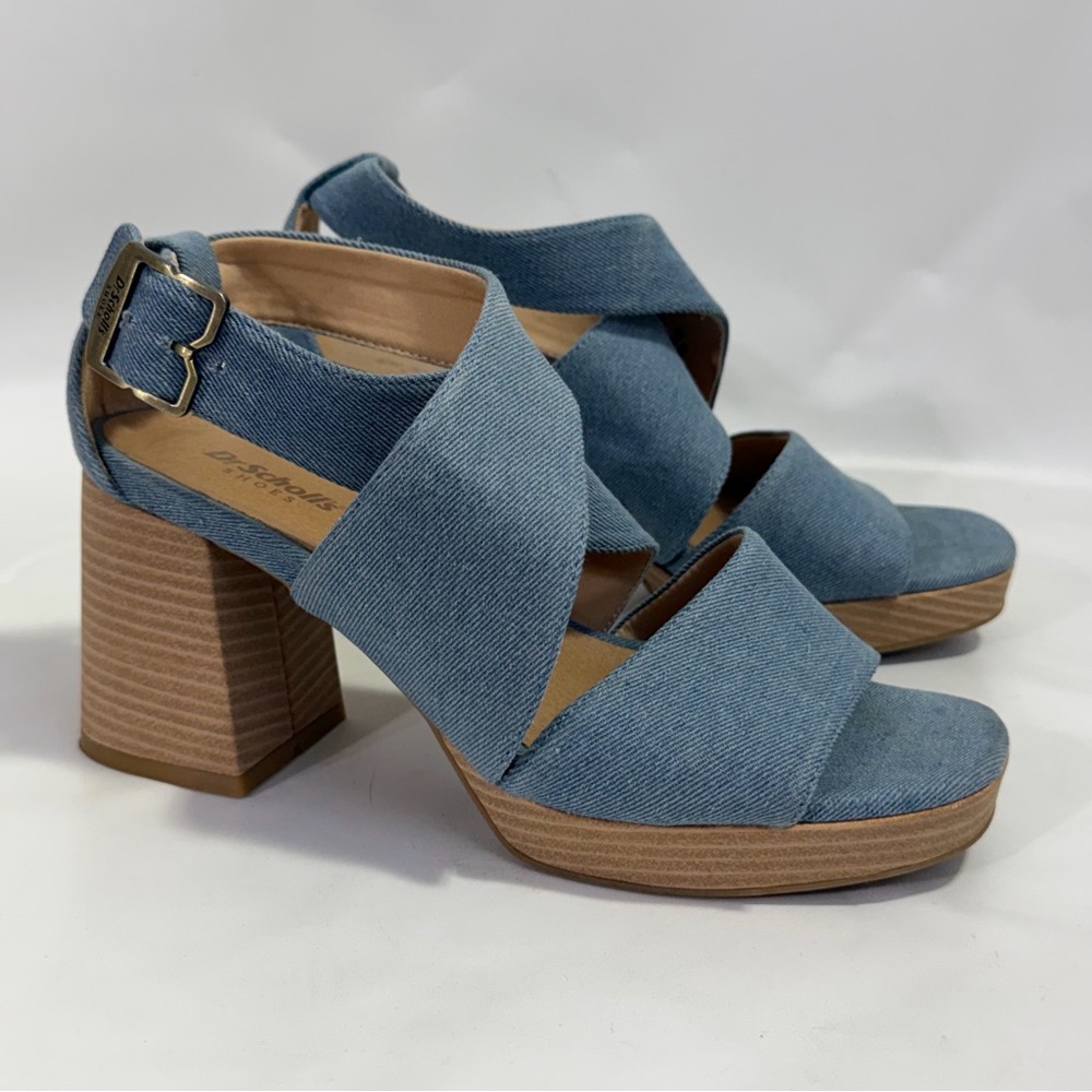 Dr Scholl’s Platform Chunky Heels Ankle Strap Sandals 8 M Blue Denim - Picture 9 of 15